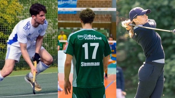 Collage mit drei Sportlerinnen und Sportlern beim Feldhockey, Volleyball und Golf.